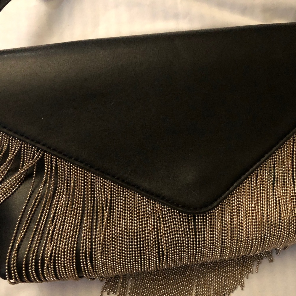 Express Gold Fringe Faux Leather Clutch Bag